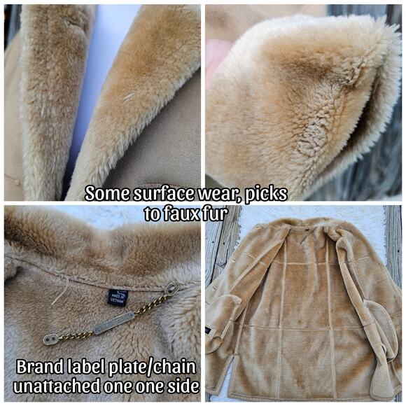 VTG 90s Penny Lane Coat Size L Tan Faux Suede Plush Fur Patchwork Fleet Street - Picture 8 of 11